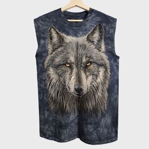 The Mountain Sleeveless T-Shirt Men's Medium Blue Gray Tie-Dye Wolf Graphics